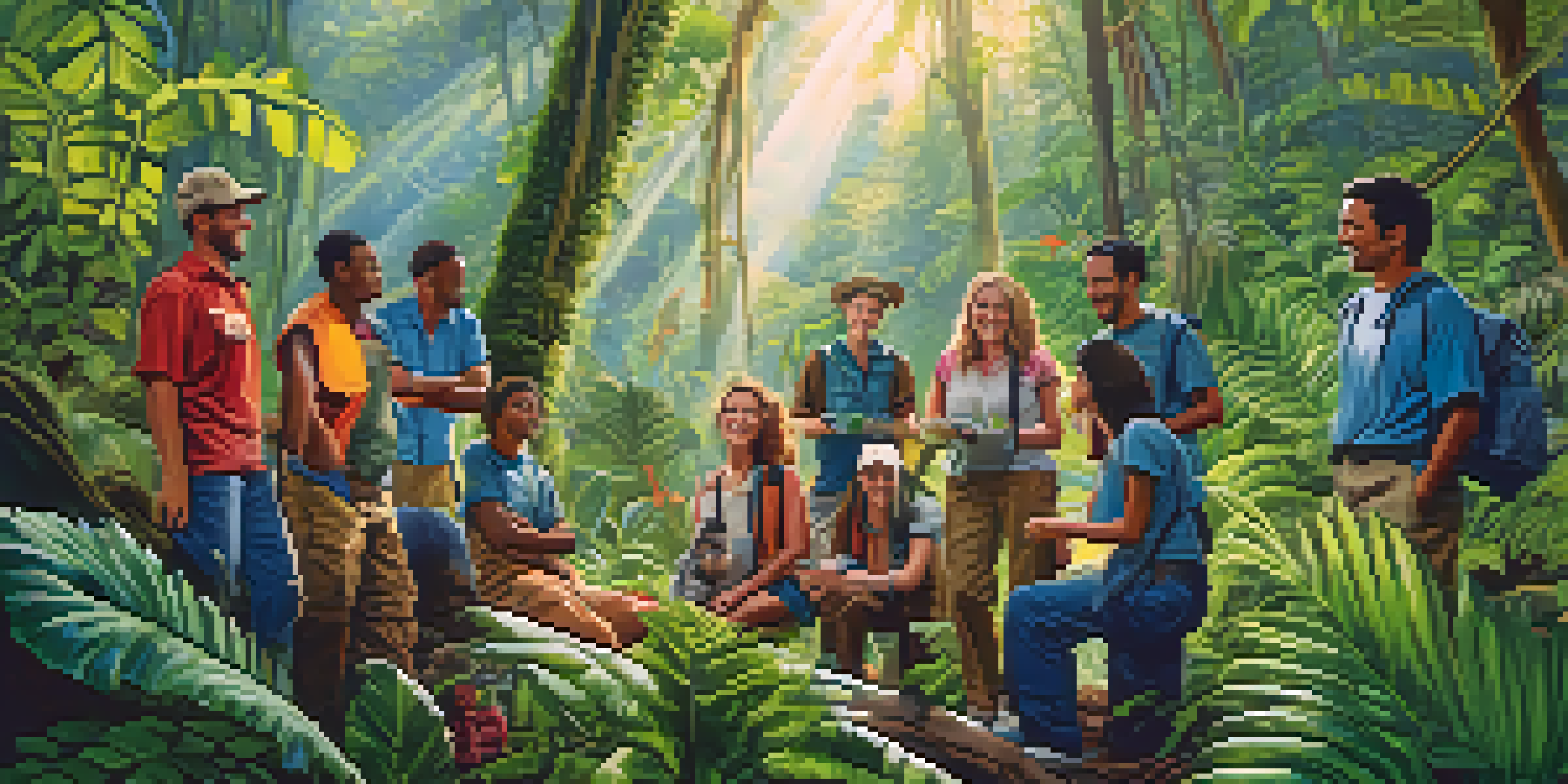 A group of diverse volunteers working together in a lush rainforest, engaging in wildlife conservation under dappled sunlight.