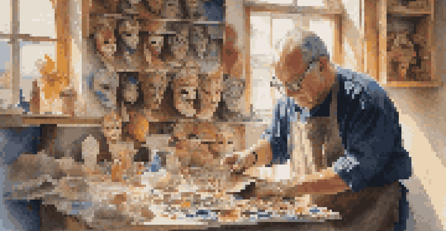 An artisan creating a Venetian mask in a workshop, surrounded by tools and colorful materials.
