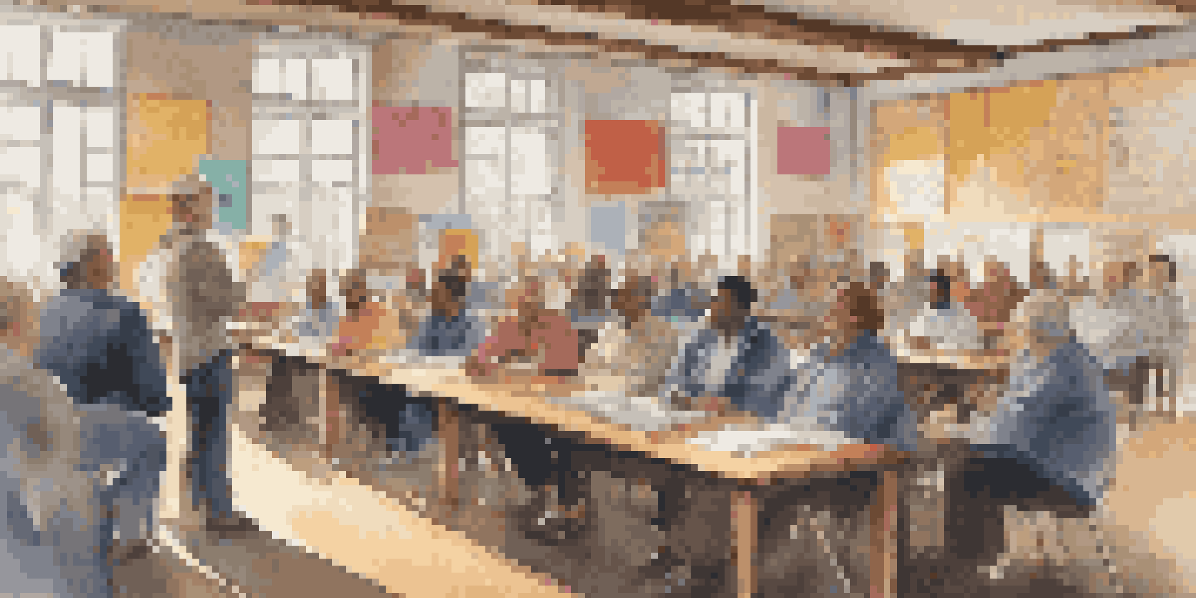 A diverse group of people attending a town hall meeting, with a local official speaking at the front and charts displayed.