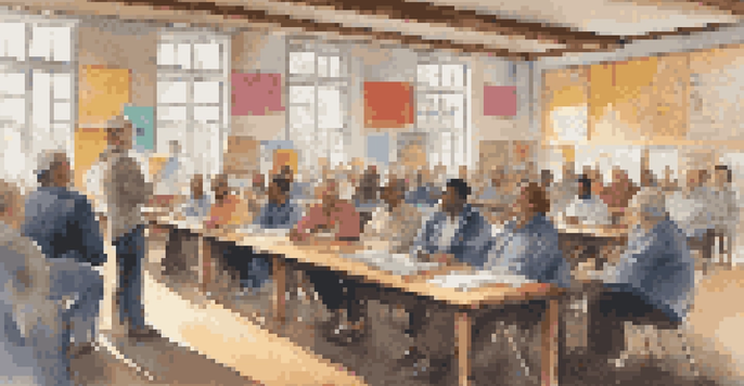 A diverse group of people attending a town hall meeting, with a local official speaking at the front and charts displayed.