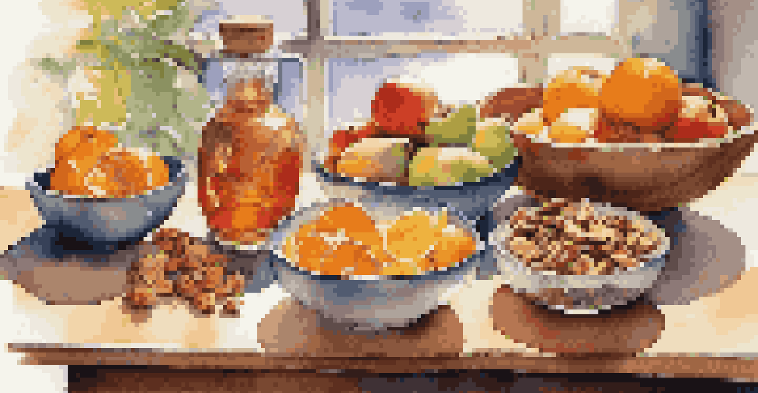 A wooden table with healthy snacks, including nuts and fruits, and a reusable water bottle next to a yoga mat, illuminated by sunlight.