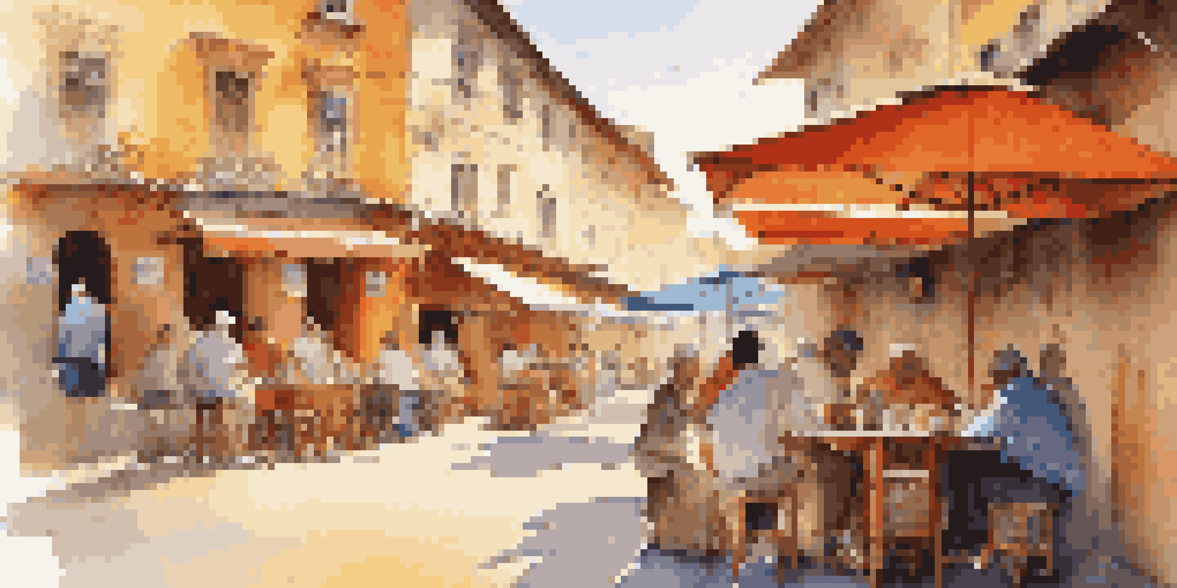 A traveler enjoying a café in a busy street market with colorful stalls and people around.