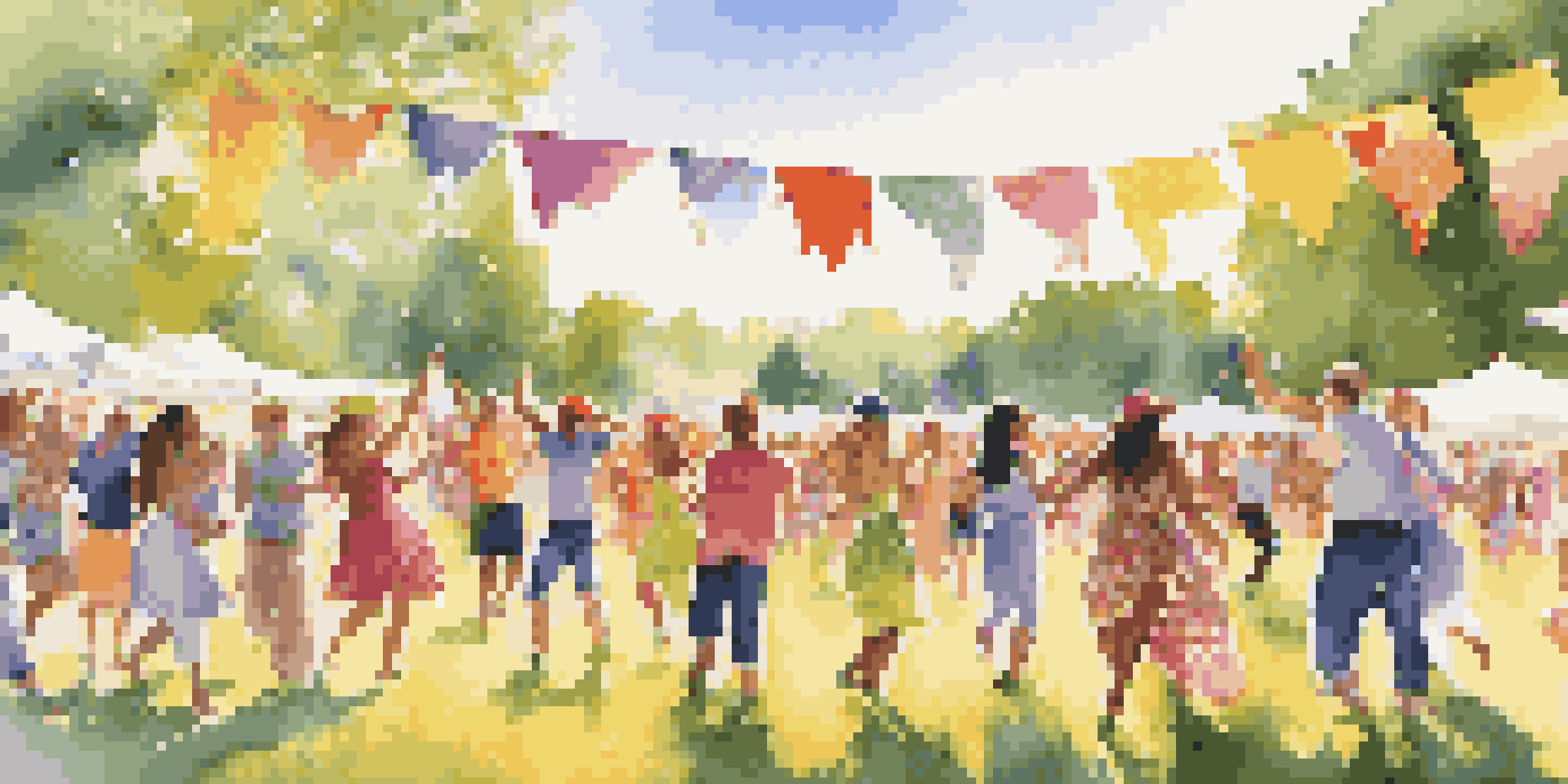 A lively outdoor festival with people dancing and enjoying the sun, surrounded by colorful decorations and green grass.