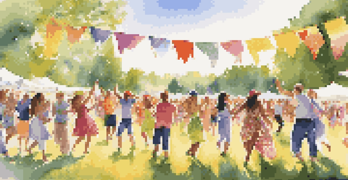 A lively outdoor festival with people dancing and enjoying the sun, surrounded by colorful decorations and green grass.