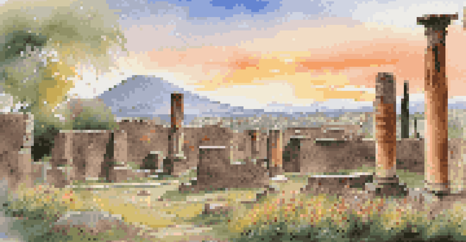 A peaceful view of the ruins in Pompeii with flowers and Mount Vesuvius in the background.