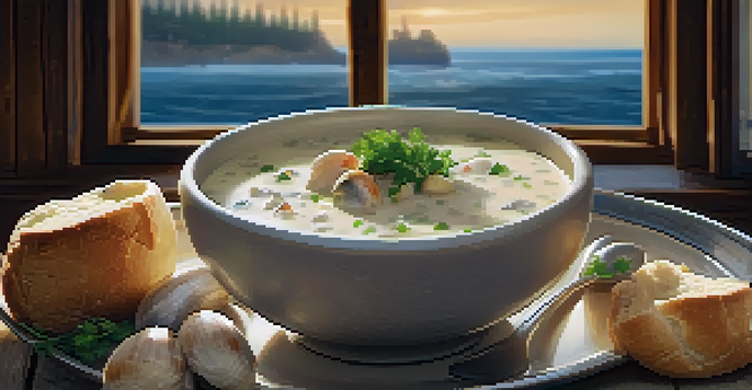 A steaming bowl of clam chowder in a bread bowl, garnished with parsley, set in a cozy seaside restaurant.
