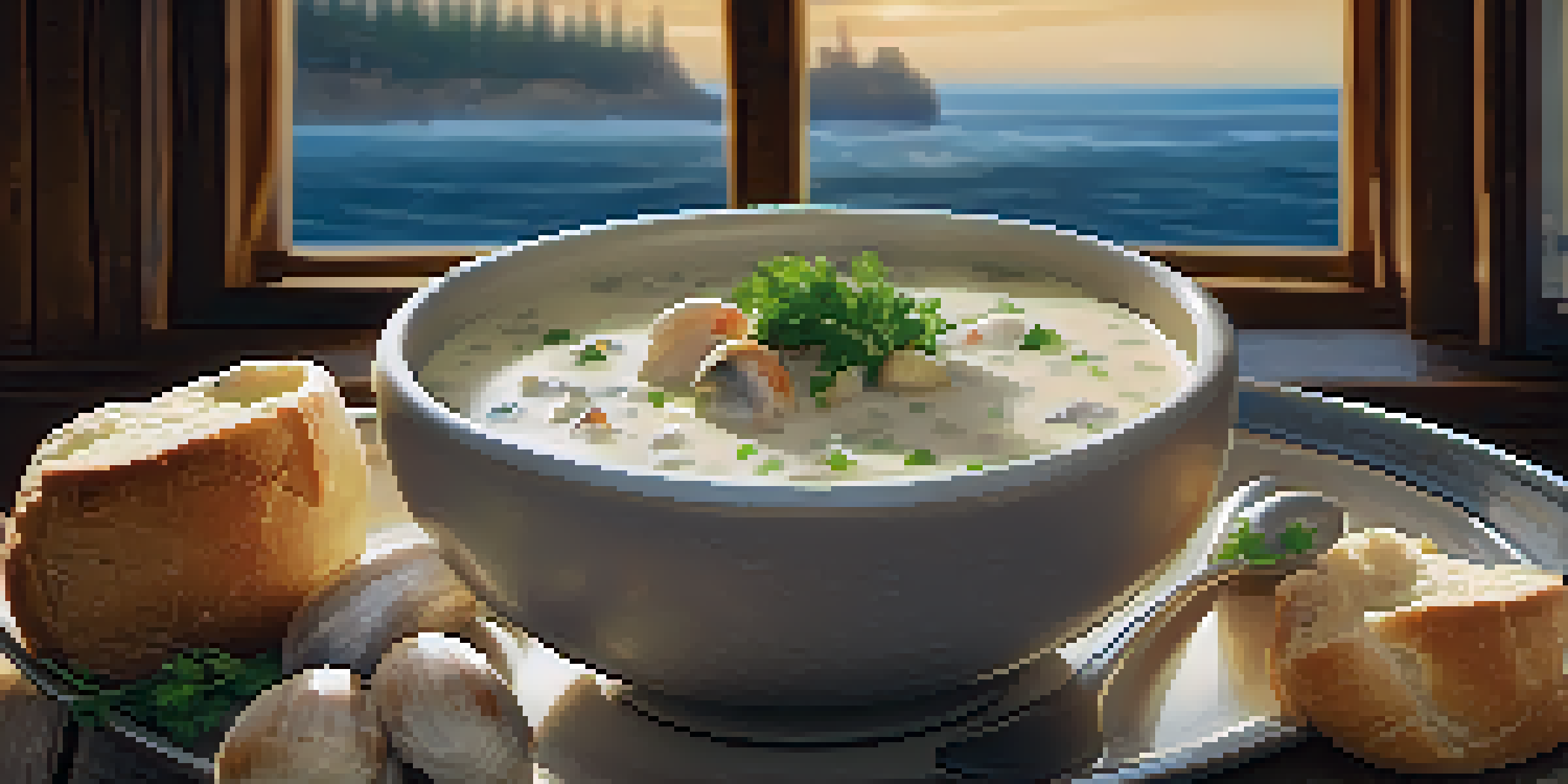A steaming bowl of clam chowder in a bread bowl, garnished with parsley, set in a cozy seaside restaurant.