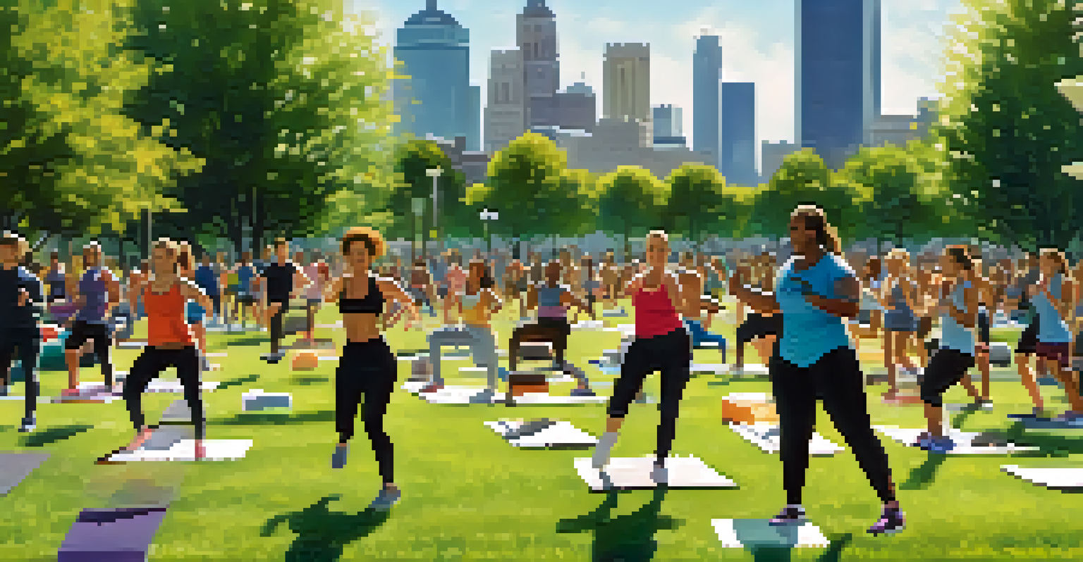 A diverse group of people participating in an outdoor fitness class in a park, with a city skyline in the background.
