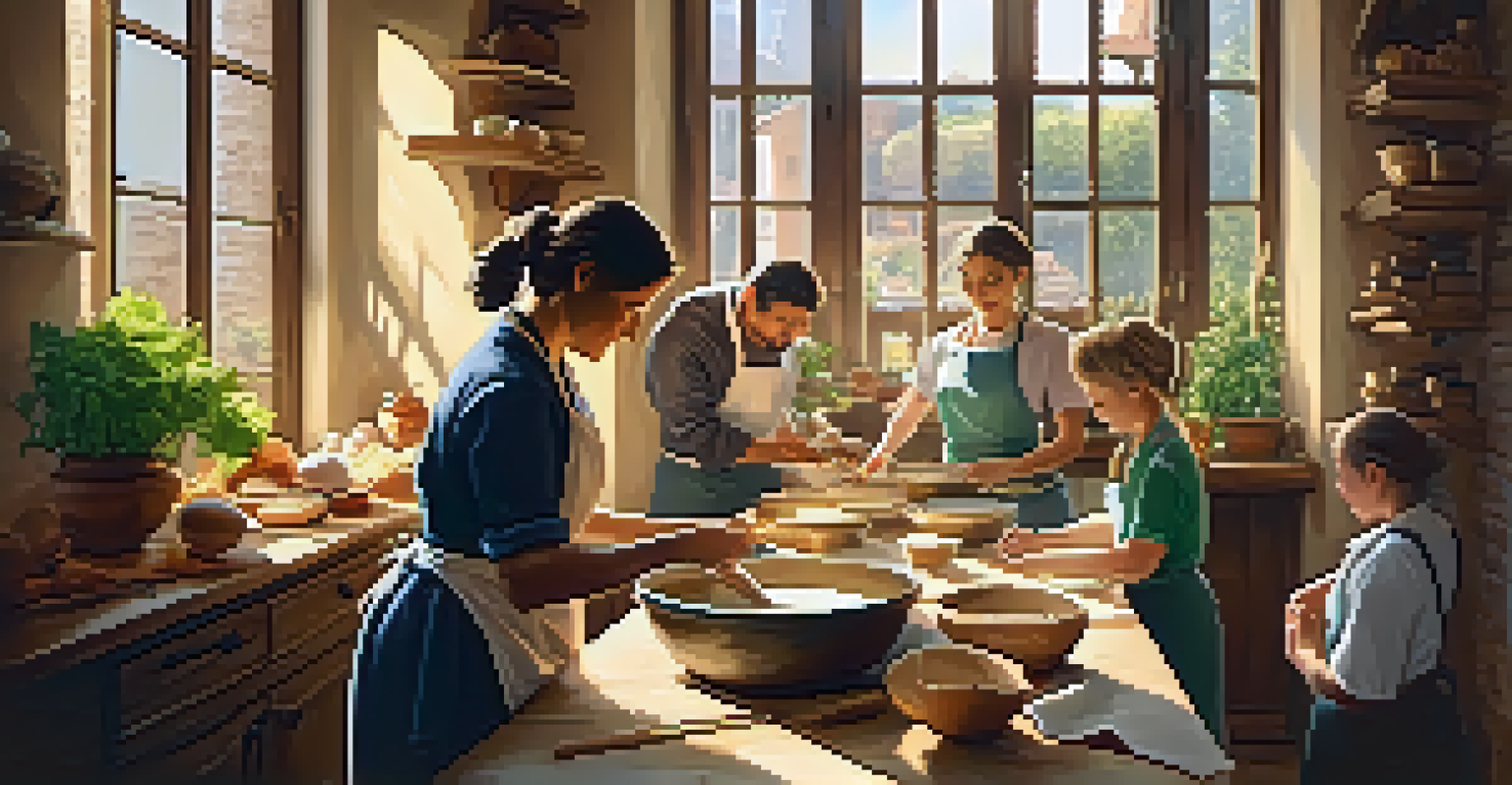 An Italian kitchen where a chef is teaching pasta making, surrounded by fresh ingredients and warm sunlight.