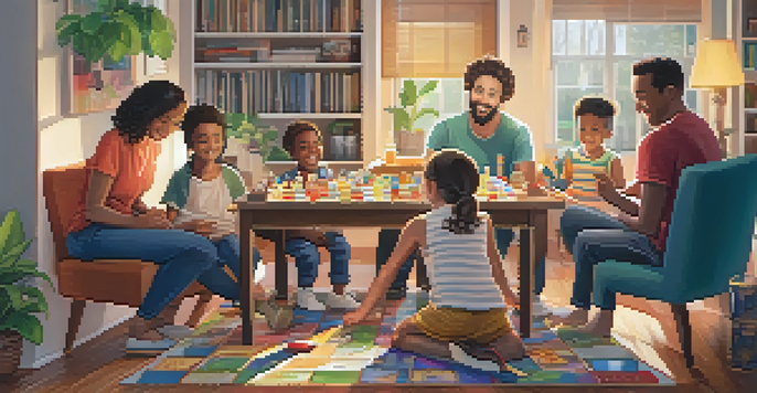 A family enjoying board games together in a cozy living room, filled with laughter and joy.