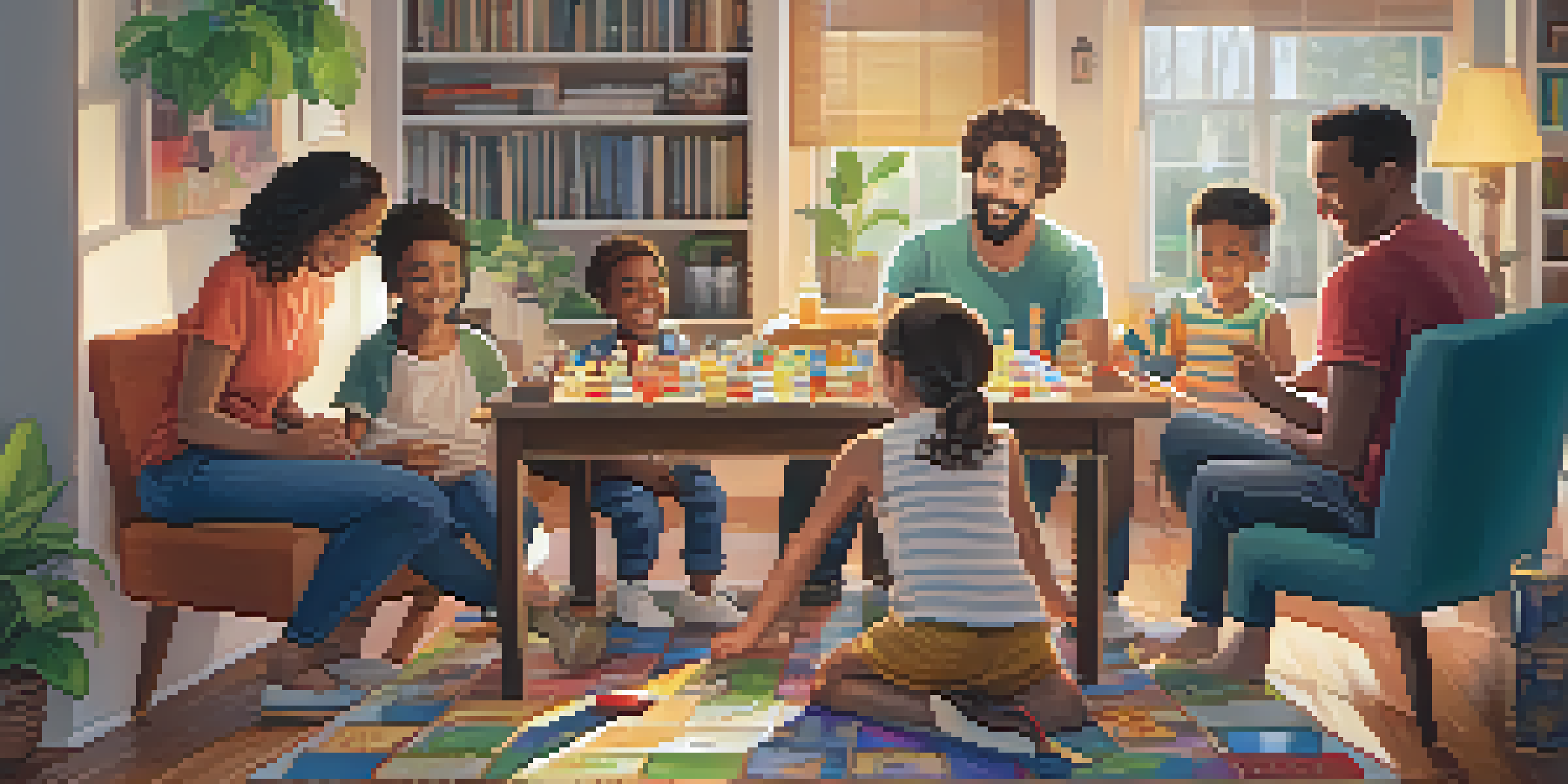 A family enjoying board games together in a cozy living room, filled with laughter and joy.