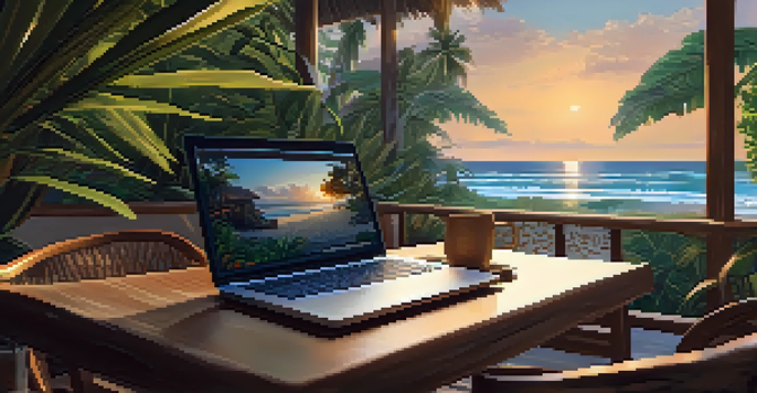 A beachside café in Bali with a laptop on a table, tropical plants, and a sunset.
