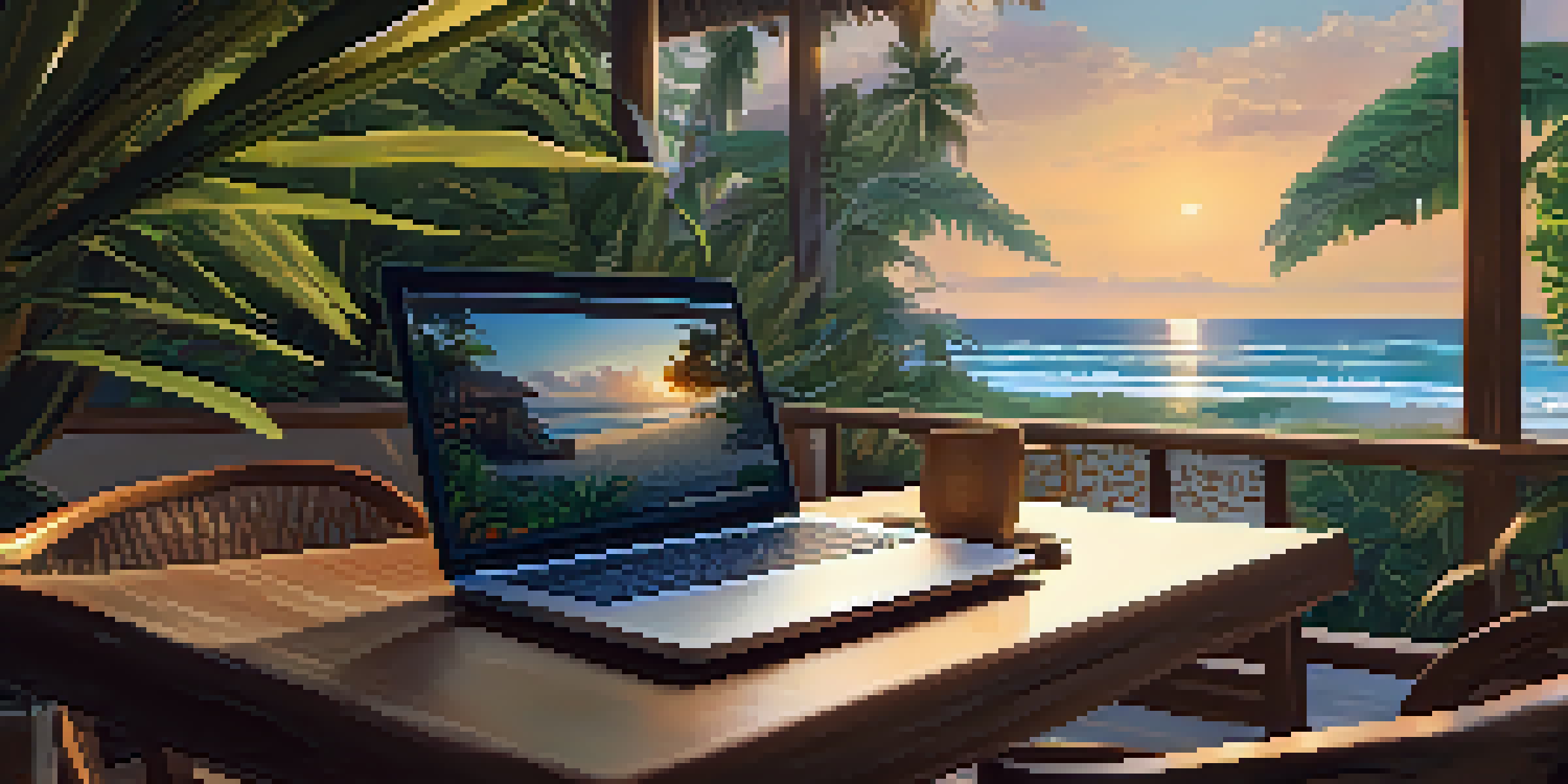 A beachside café in Bali with a laptop on a table, tropical plants, and a sunset.