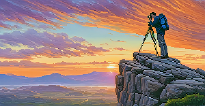 A travel photographer on a cliff during sunset, holding a camera, with a tripod nearby and mountains in the background.