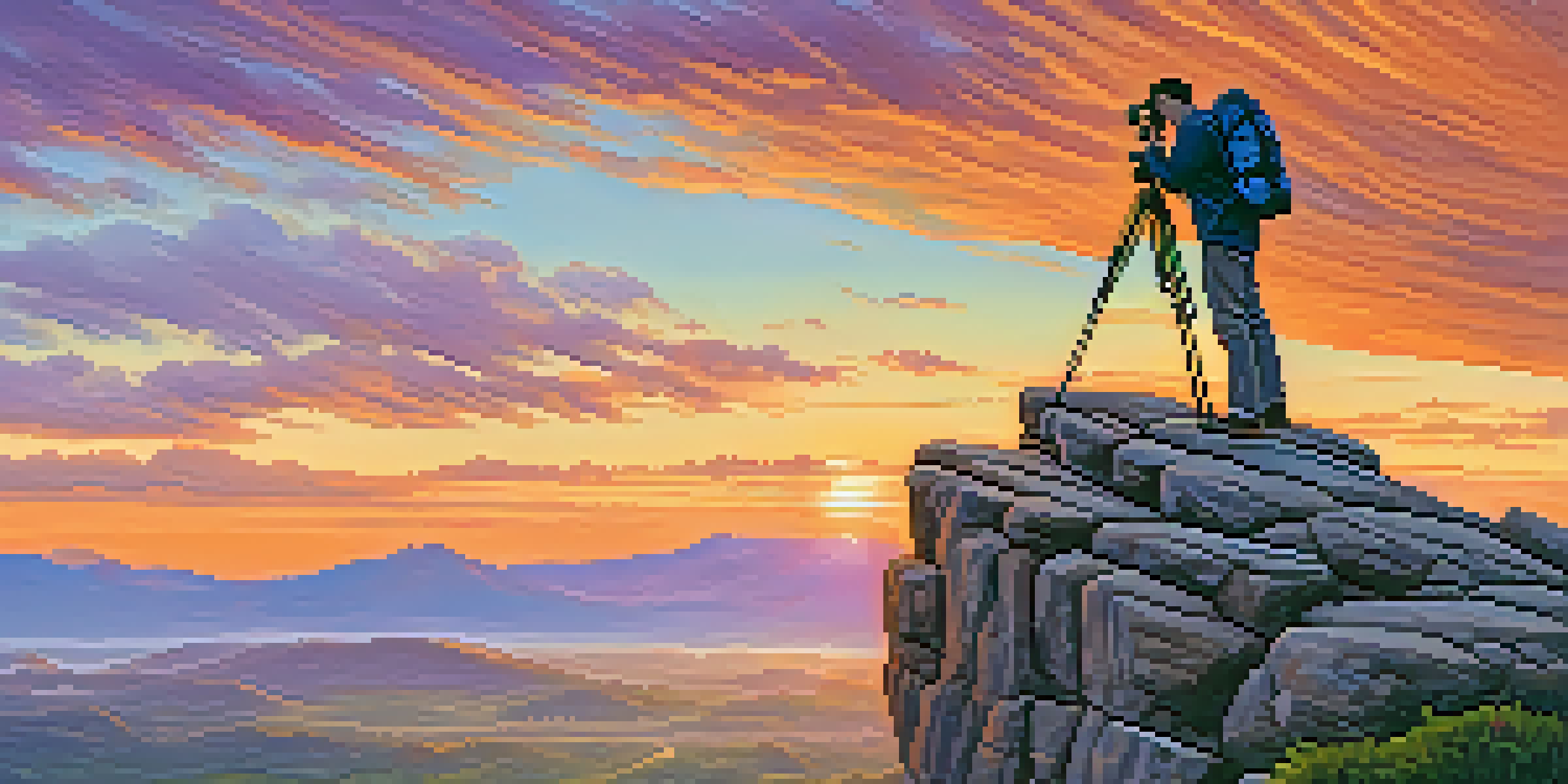 A travel photographer on a cliff during sunset, holding a camera, with a tripod nearby and mountains in the background.