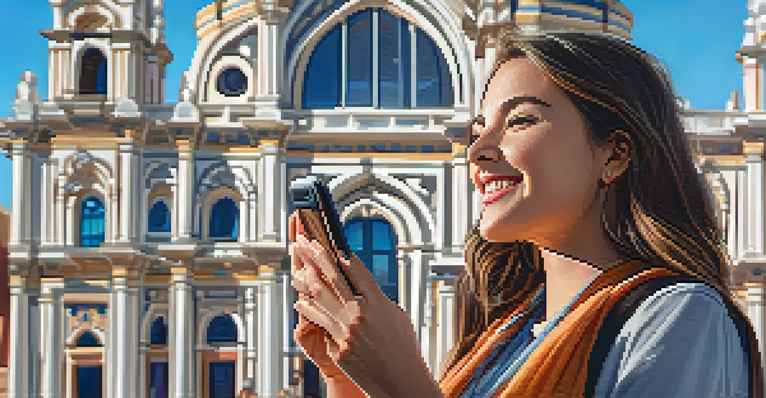 A traveler focused on their smartphone, learning local phrases in front of a beautiful historical landmark.