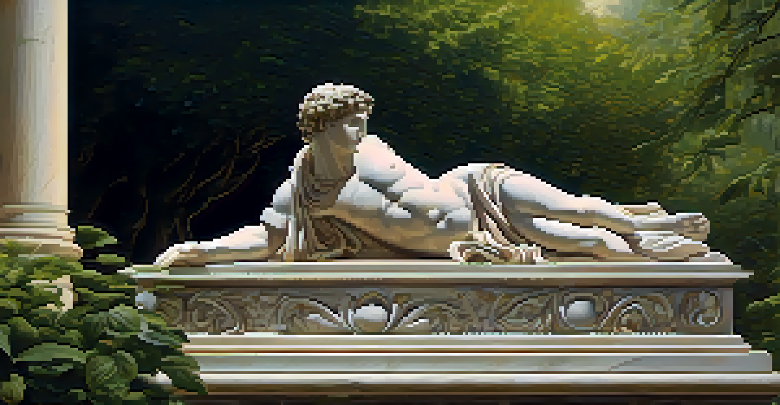 A close-up of an ancient Roman marble sculpture of a god or goddess, surrounded by green vines and illuminated by sunlight.