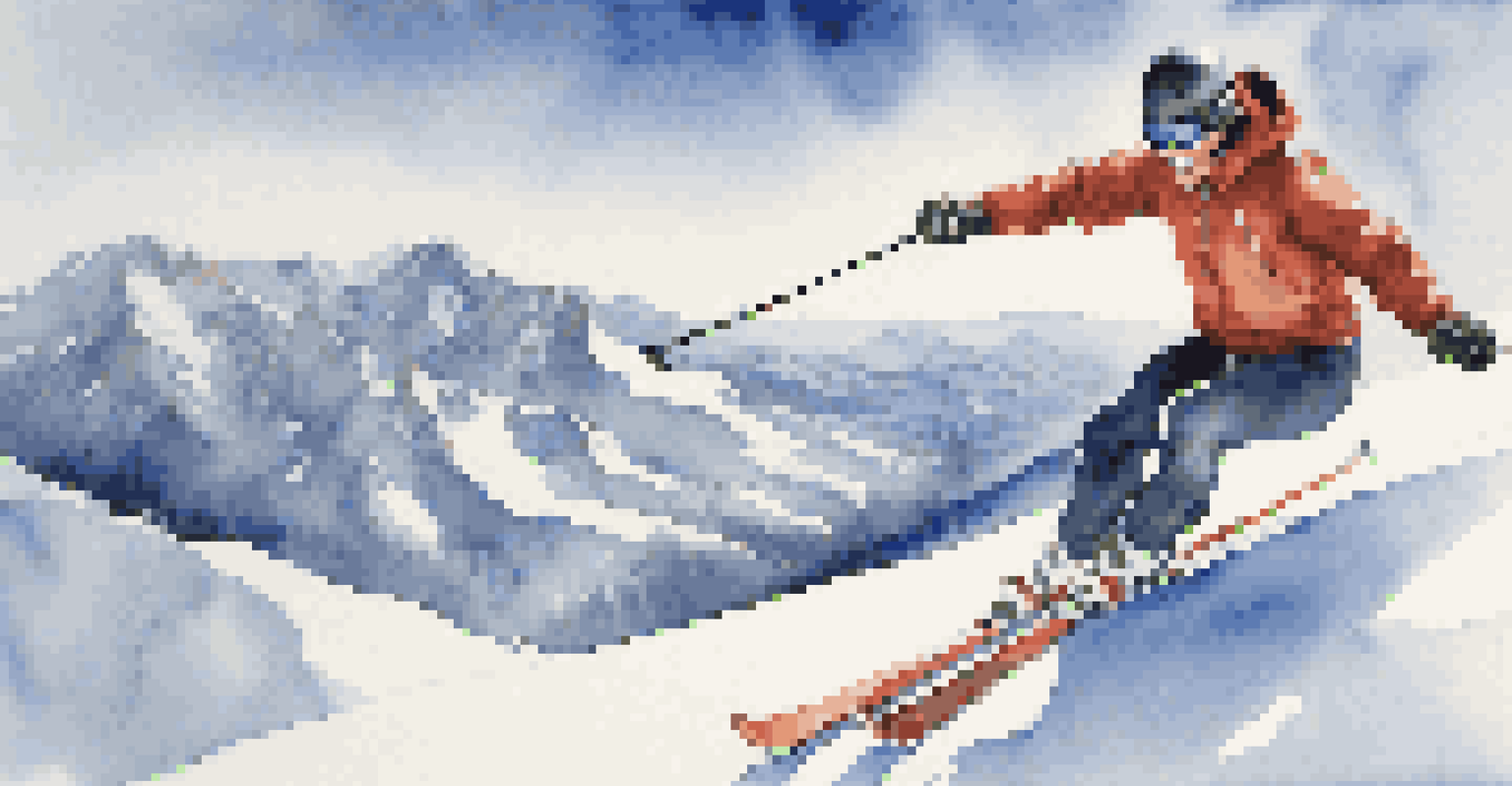 A close-up of a skier with a relaxed upper body and loose arms on a snowy slope.