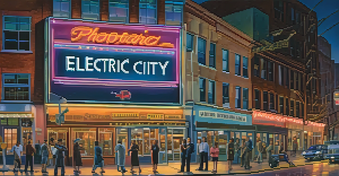Bright Electric City sign at dusk with fans posing underneath.