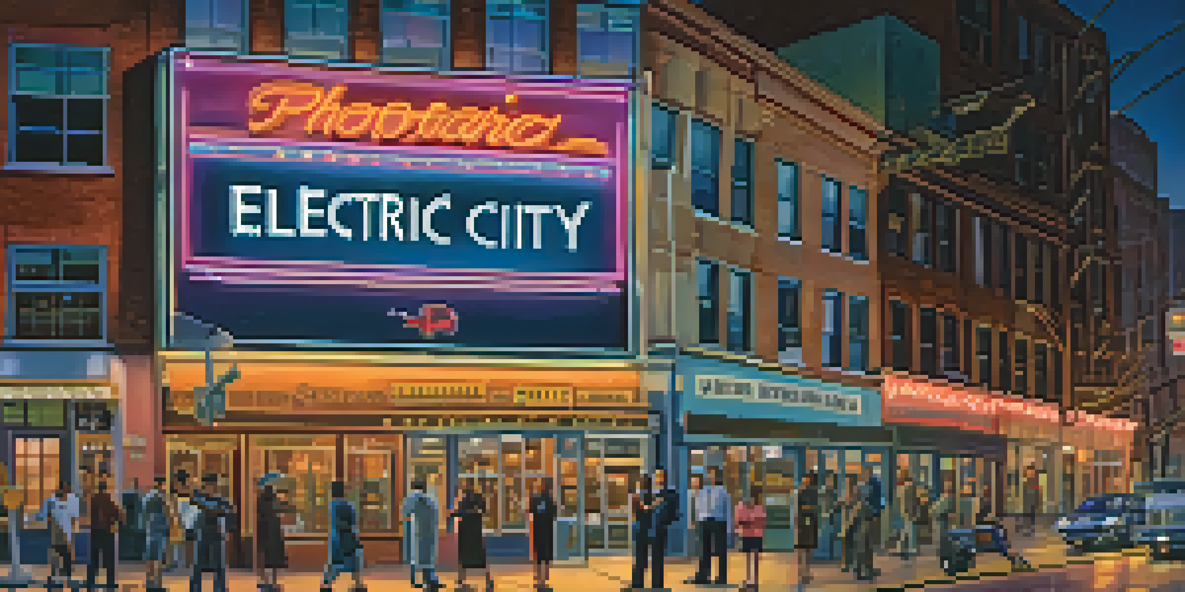 Bright Electric City sign at dusk with fans posing underneath.