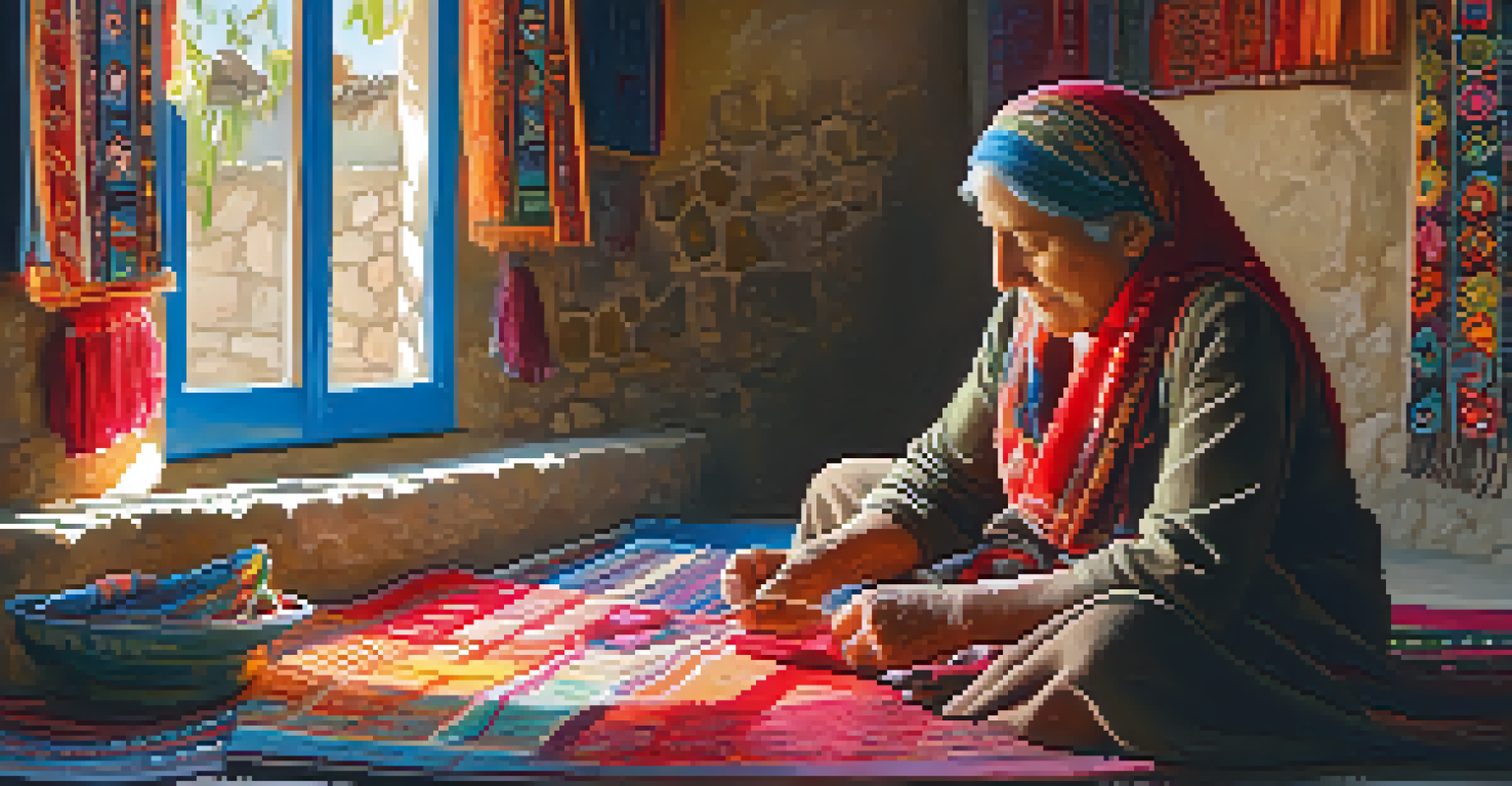 A local artist weaving crafts in a small village in Israel, surrounded by colorful textiles.