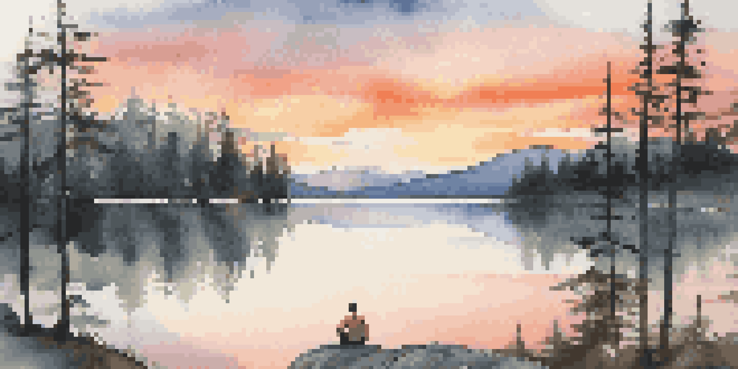 A peaceful mountain scene at sunset with a hiker meditating by a lake, surrounded by tall trees.