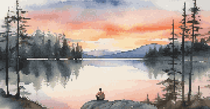 A peaceful mountain scene at sunset with a hiker meditating by a lake, surrounded by tall trees.