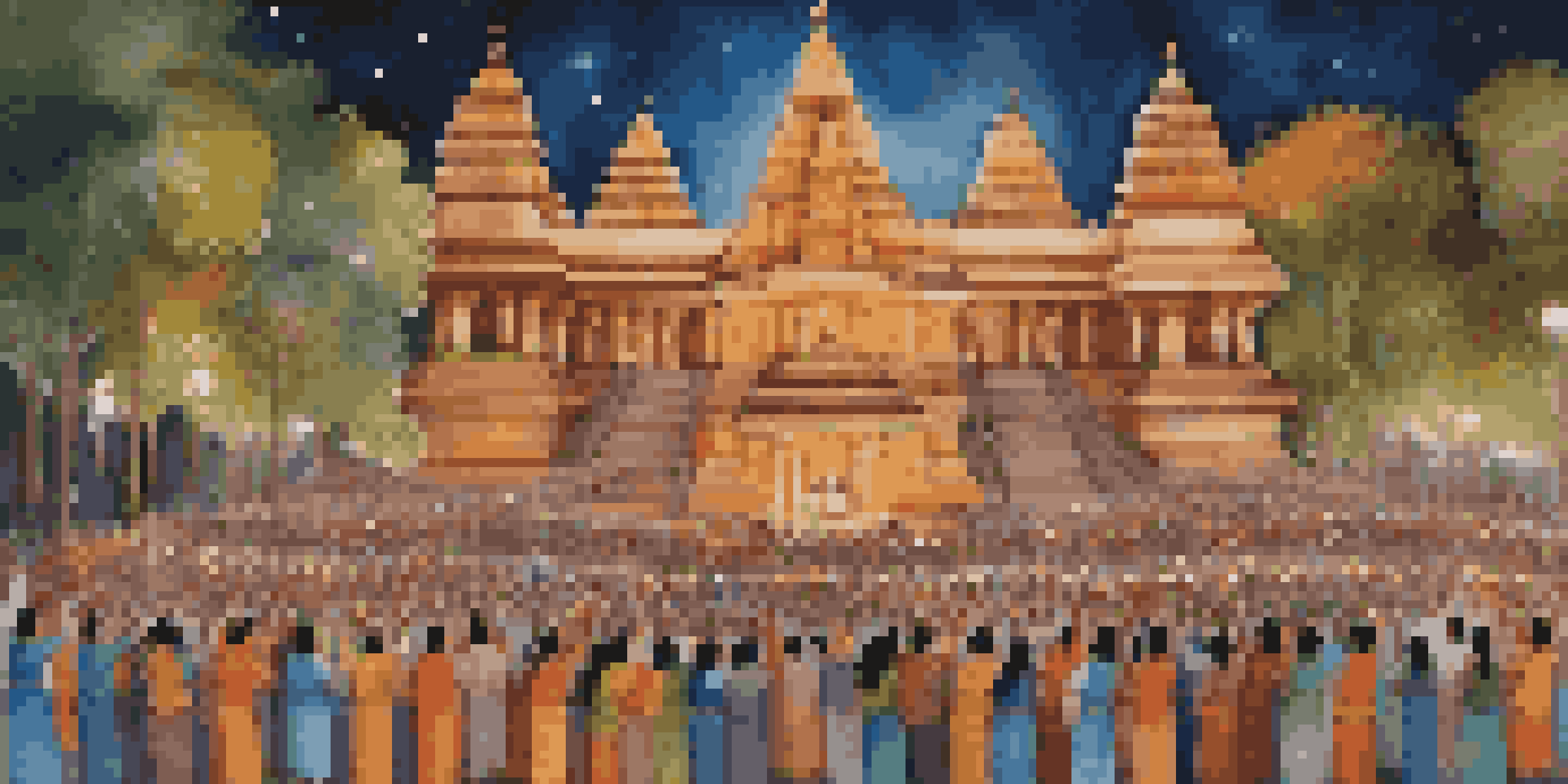A colorful and lively depiction of Maha Shivaratri celebrations with devotees worshiping at a temple, surrounded by flowers and lights.
