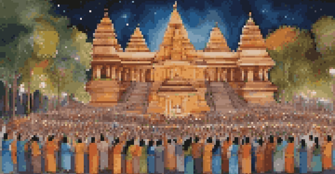 A colorful and lively depiction of Maha Shivaratri celebrations with devotees worshiping at a temple, surrounded by flowers and lights.