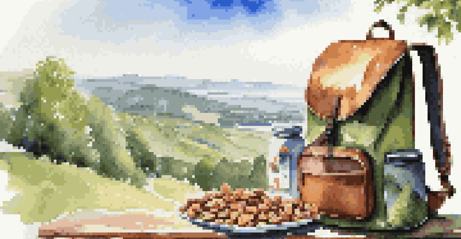 A traveler's backpack filled with healthy snacks like energy bars and nuts, set against a scenic landscape of green hills and a blue sky.