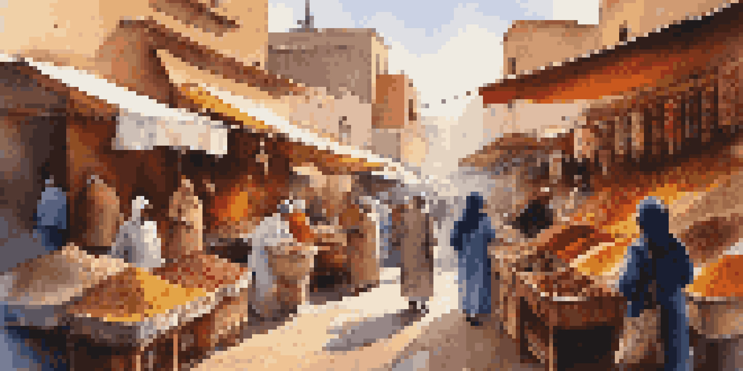 A vibrant market in Marrakech filled with colorful stalls of spices and textiles under warm sunlight, with local vendors interacting with customers.