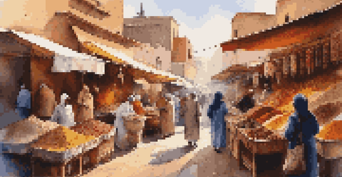 A vibrant market in Marrakech filled with colorful stalls of spices and textiles under warm sunlight, with local vendors interacting with customers.