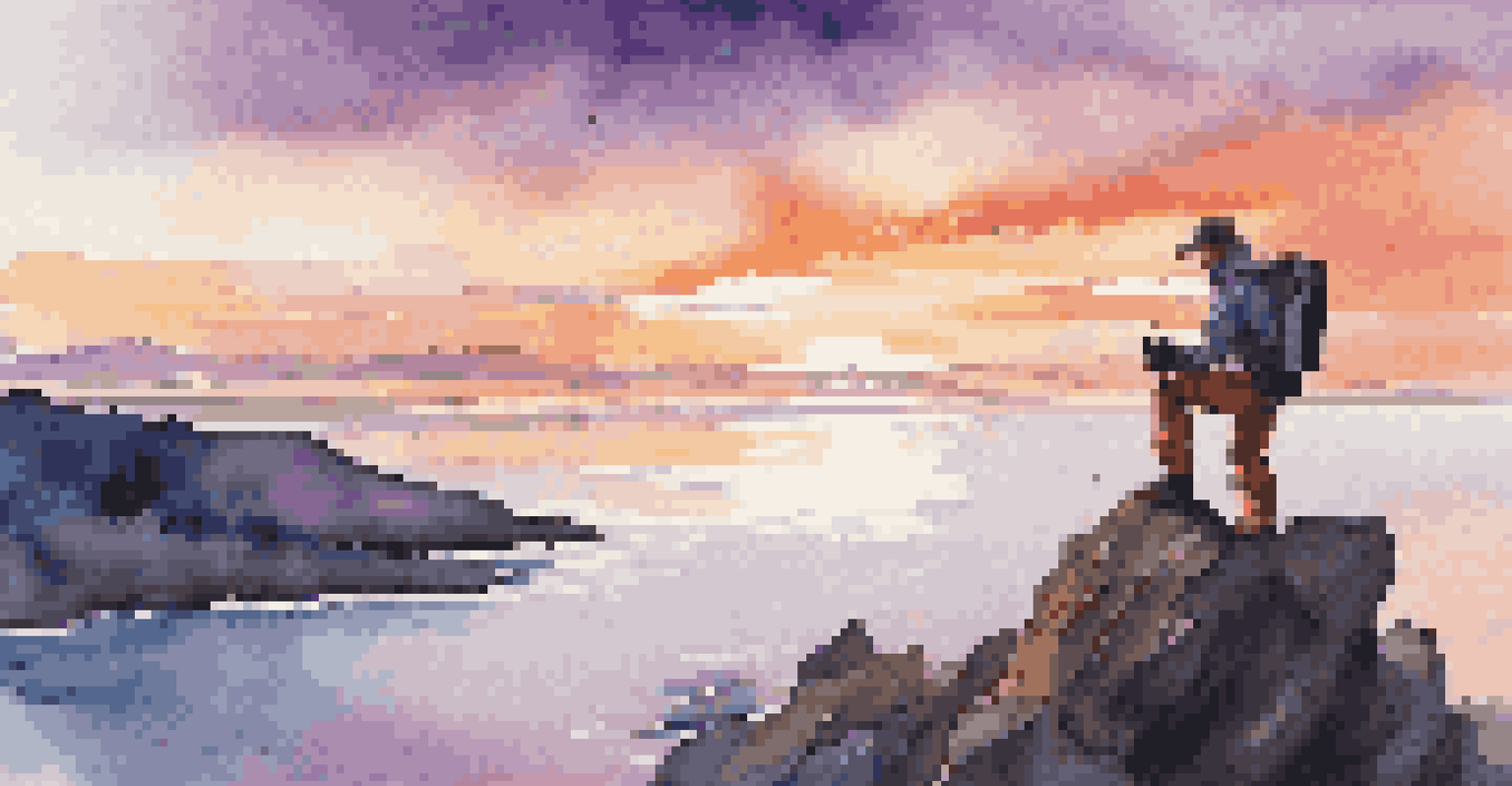 A photographer on a cliff watching a colorful sunset over the ocean, dressed for adventure.