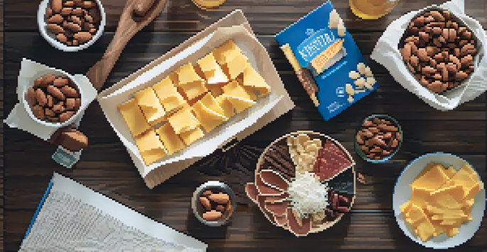 A top-down view of keto-friendly snacks like nuts and cheese crisps on a wooden table, accompanied by a travel guidebook and a water bottle, all bathed in soft natural light.