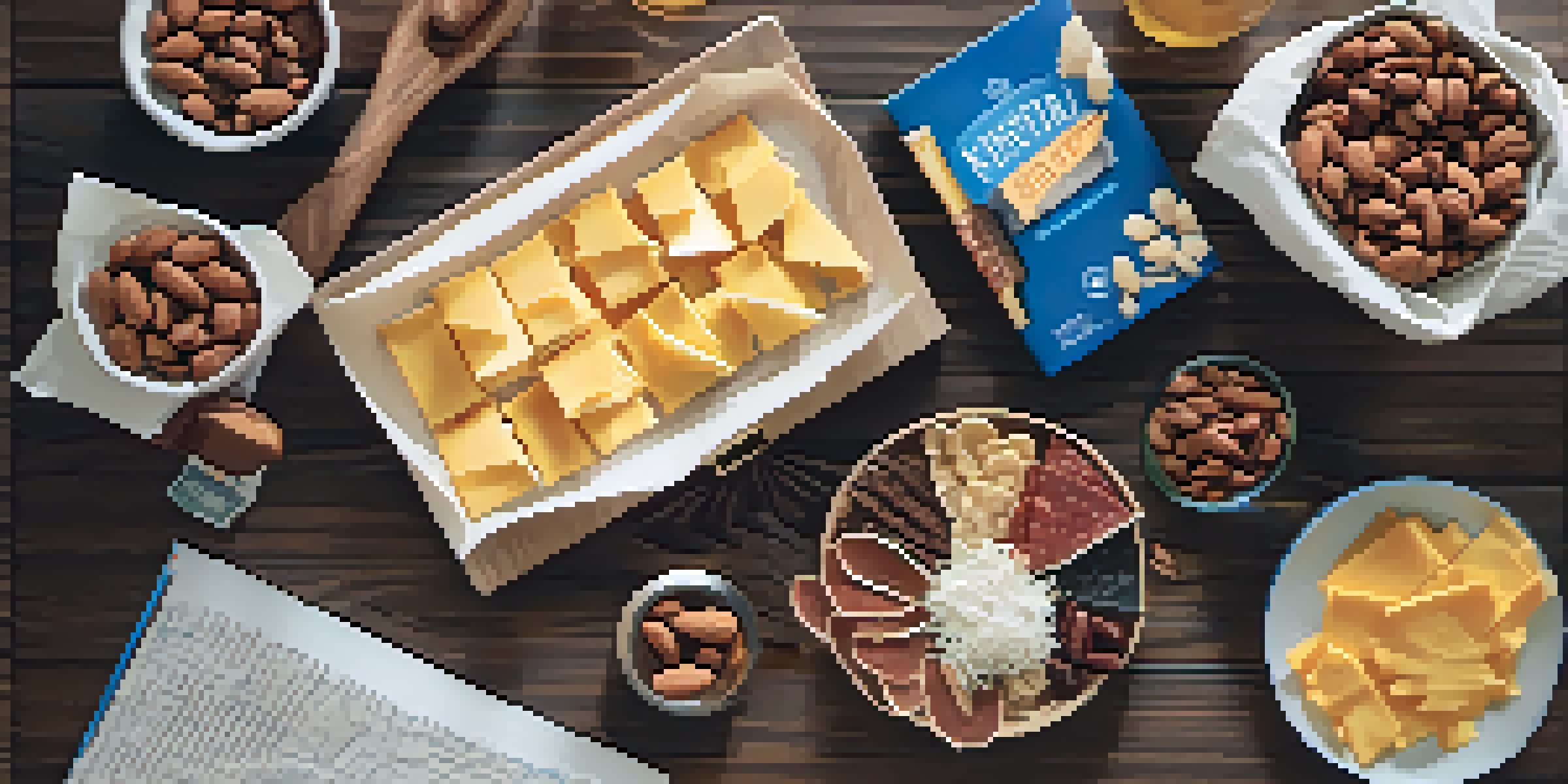 A top-down view of keto-friendly snacks like nuts and cheese crisps on a wooden table, accompanied by a travel guidebook and a water bottle, all bathed in soft natural light.