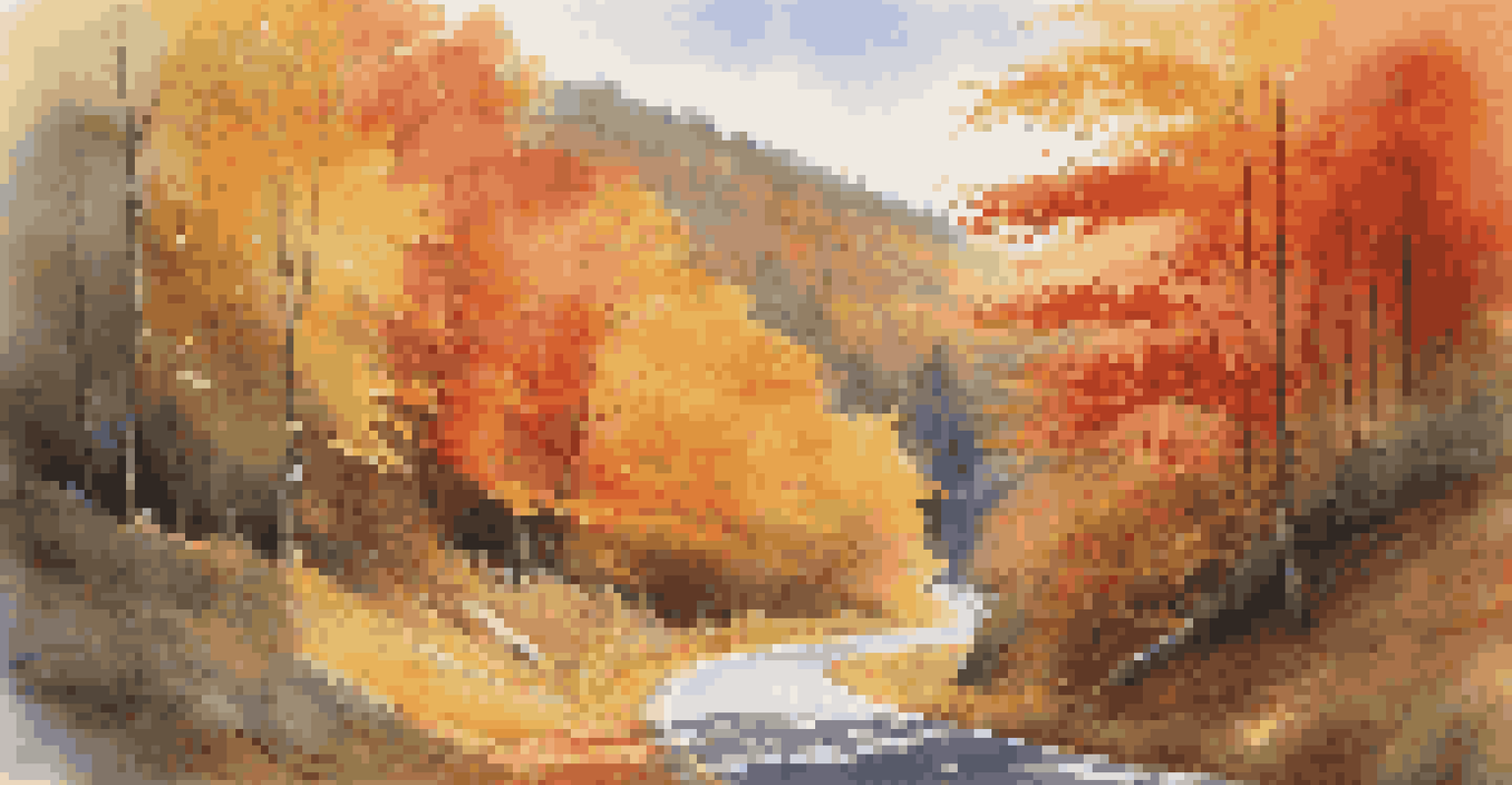 An autumn scene on the Blue Ridge Parkway with colorful trees and a winding road, featuring a waterfall.