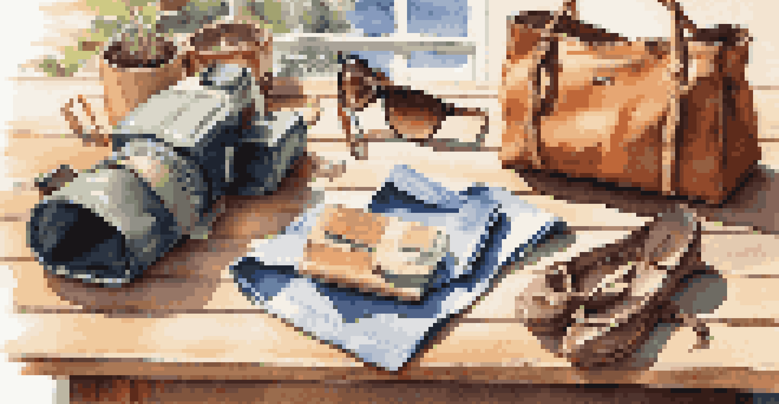 Travel accessories including sunglasses and a scarf arranged on a wooden table with natural light.