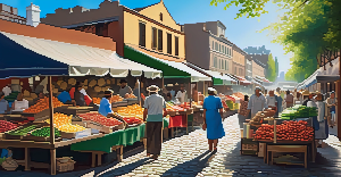 A lively local market filled with colorful stalls, fresh produce, and shoppers interacting with vendors under sunlight.