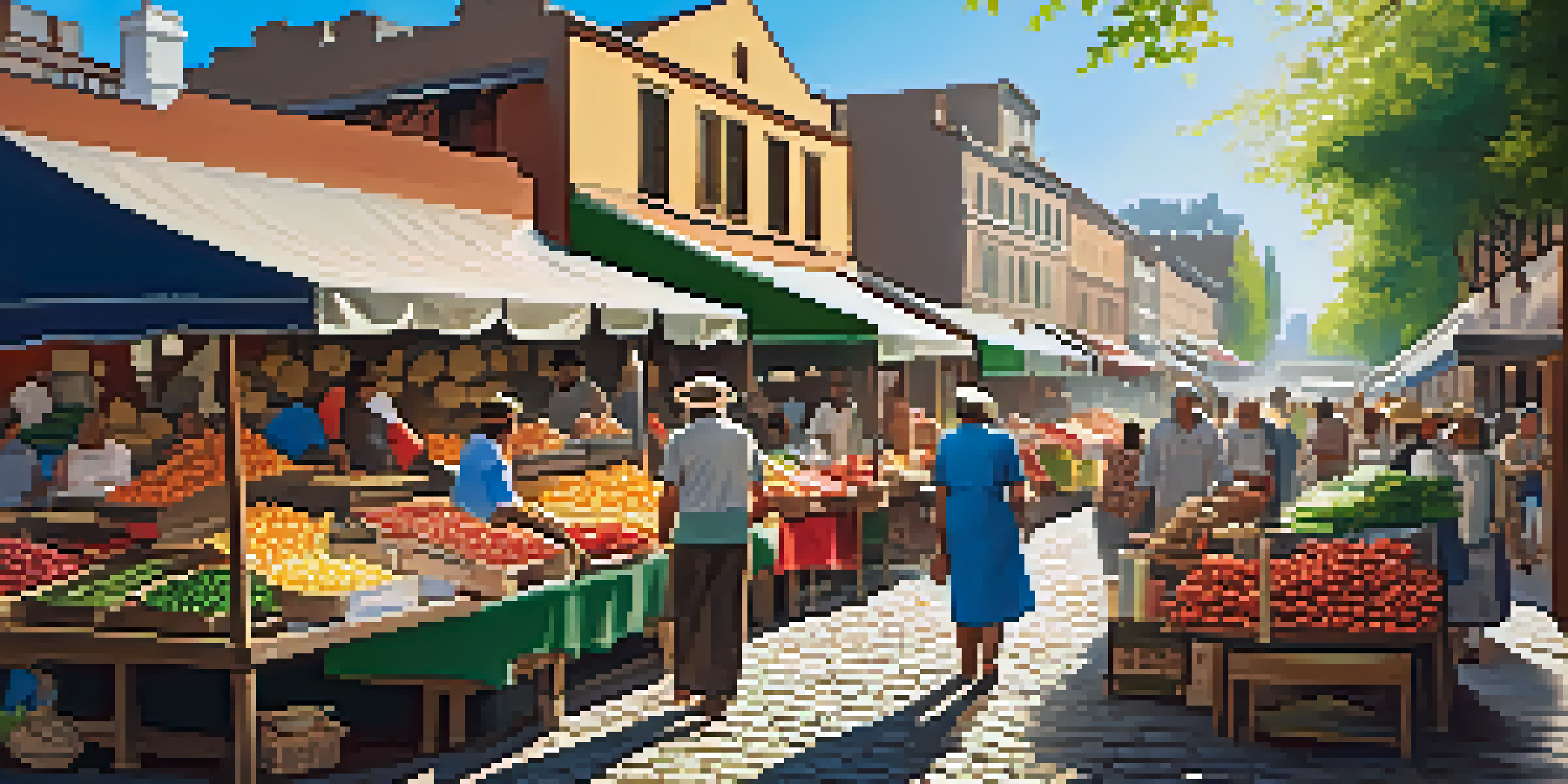 A lively local market filled with colorful stalls, fresh produce, and shoppers interacting with vendors under sunlight.