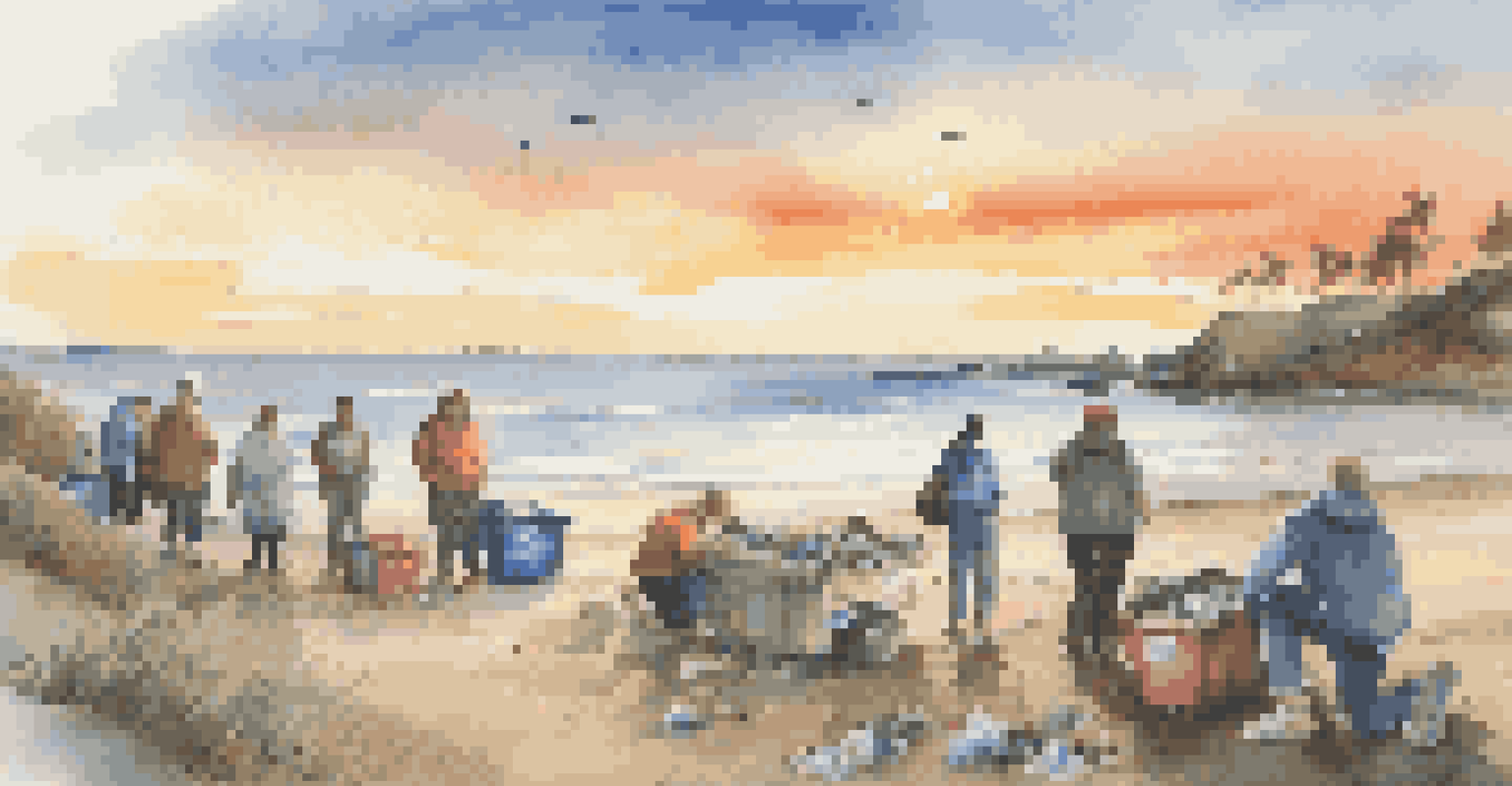 Travelers participating in a beach cleanup during sunset, collecting trash and sorting recyclables to preserve the coastal environment.