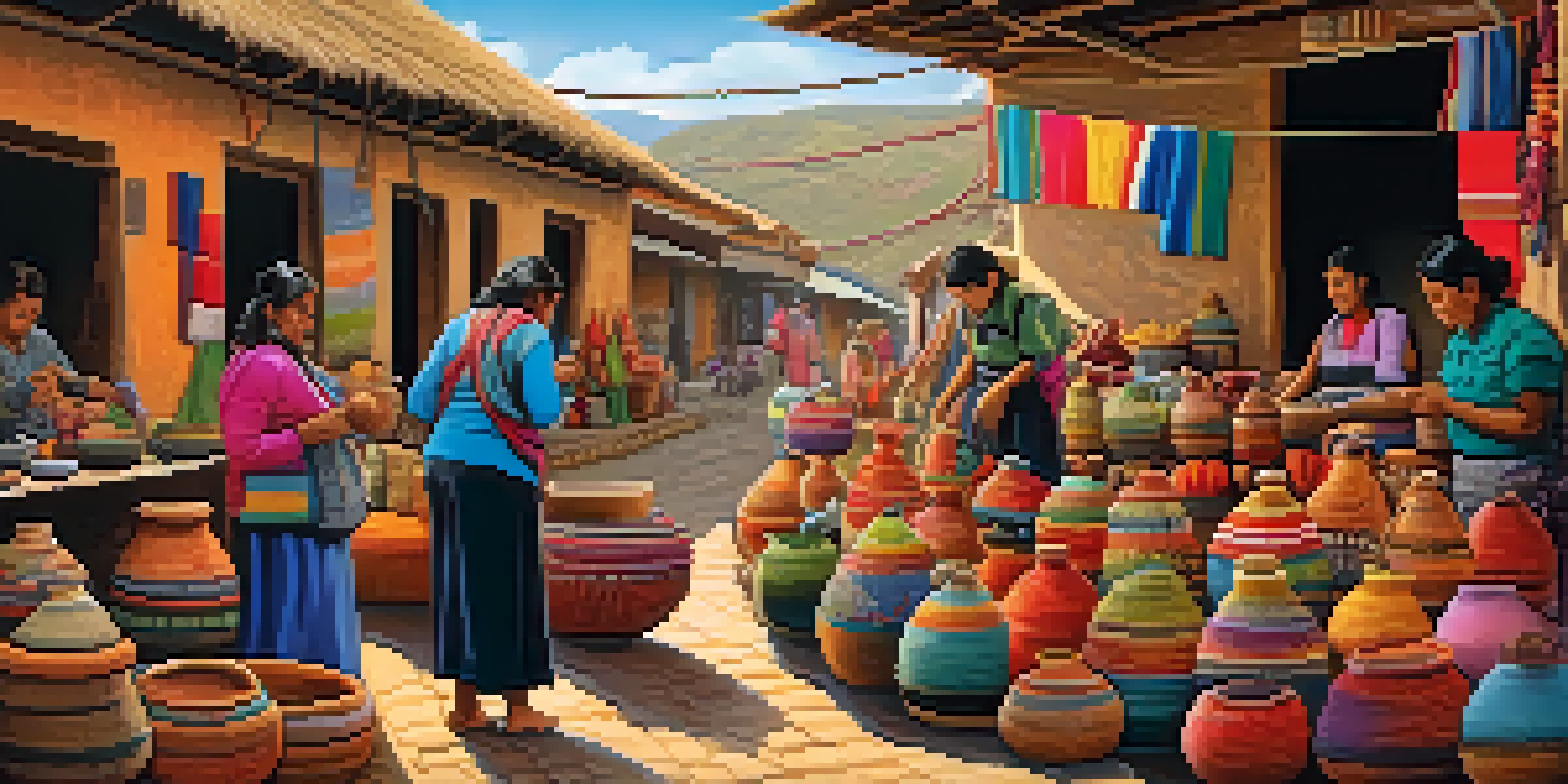 A bustling Peruvian market filled with colorful textiles and pottery, with artisans at work under warm lighting.