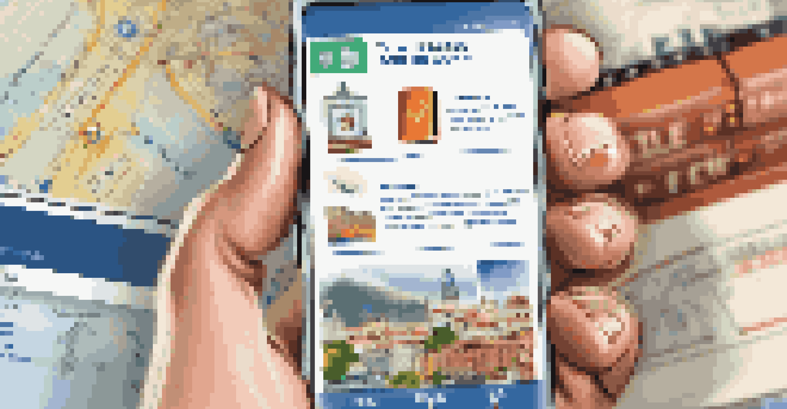 A smartphone displaying a travel insurance app among travel items like a passport and camera, with a blurred tourist destination in the background.