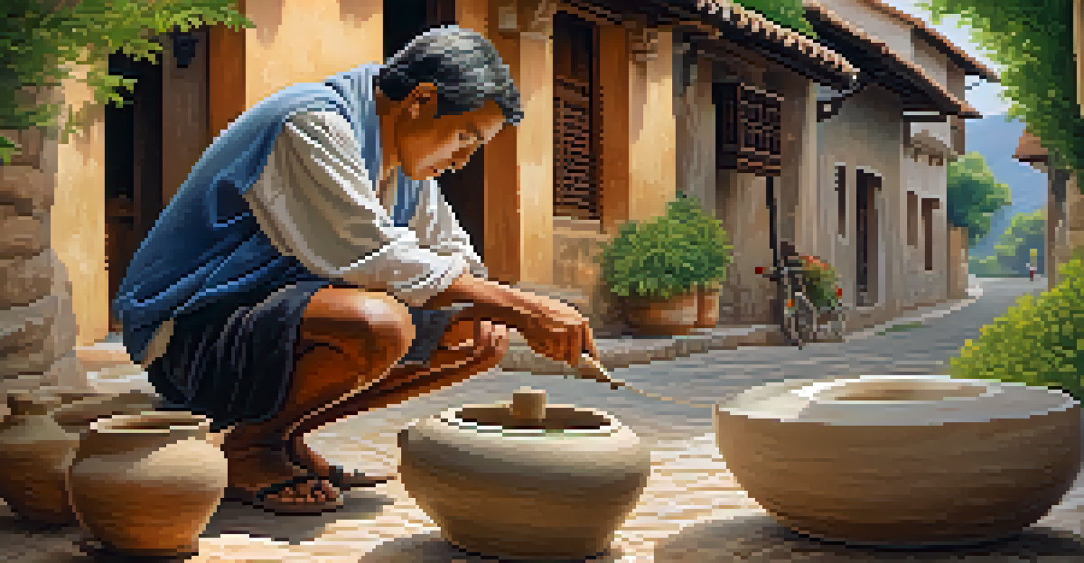 A traveler observing a local artisan making pottery in a picturesque village, surrounded by traditional buildings and greenery.