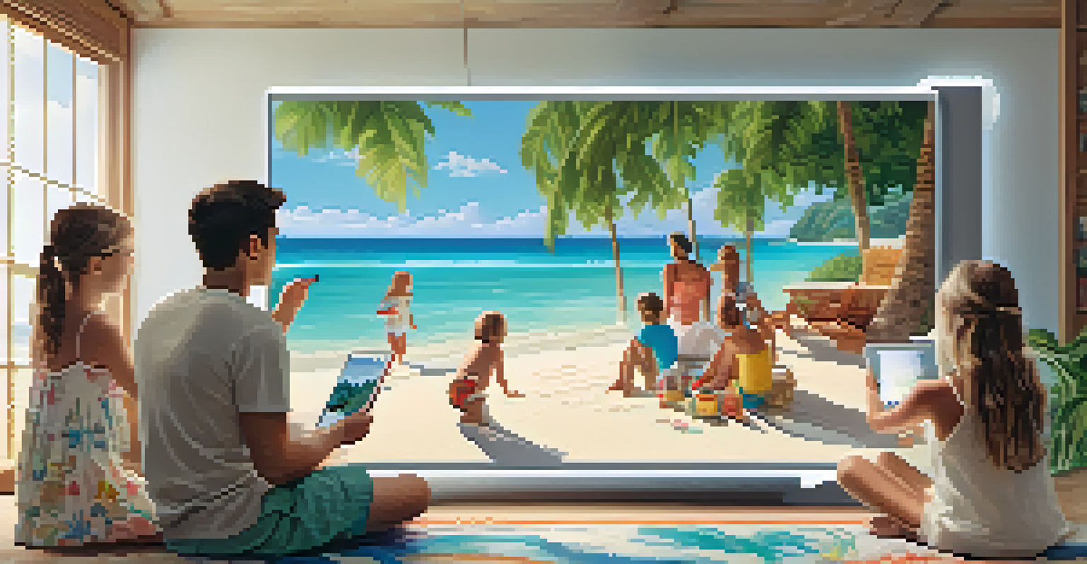 A family enjoying a virtual reality beach tour on a tablet, displaying a tropical setting.