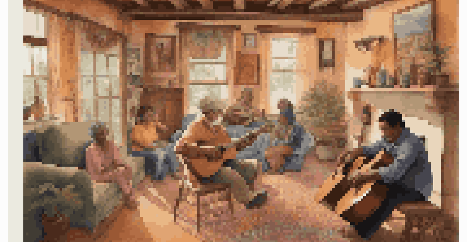 A cozy living room scene with locals sharing music and dance, featuring a guitarist and a couple dancing, illuminated by warm lighting.