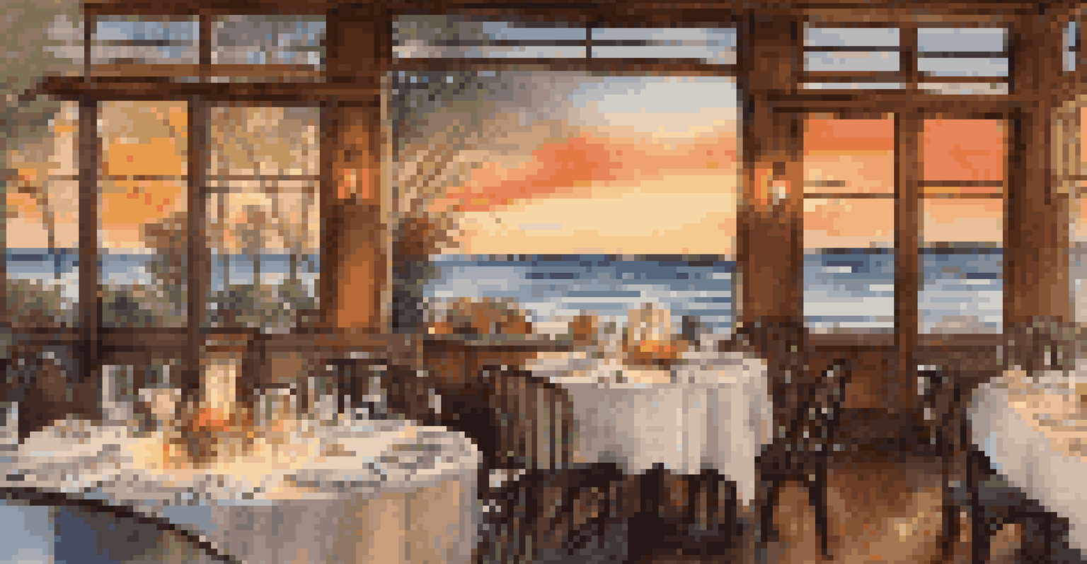 An elegantly set dining table at a local restaurant, featuring gourmet dishes and a stunning ocean sunset in the background.