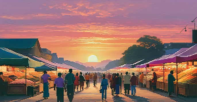 A sunset illuminating a busy market, with colorful stalls and people chatting, creating a lively atmosphere.
