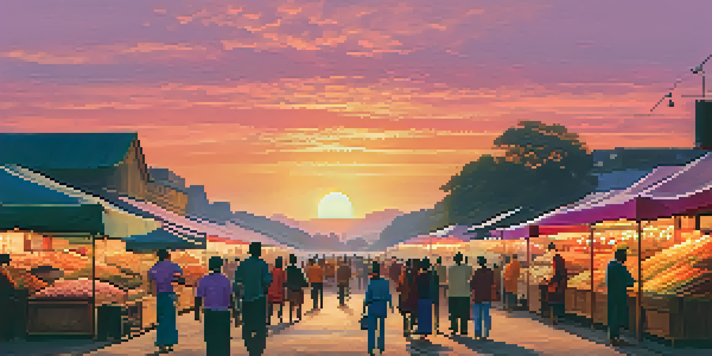 A sunset illuminating a busy market, with colorful stalls and people chatting, creating a lively atmosphere.