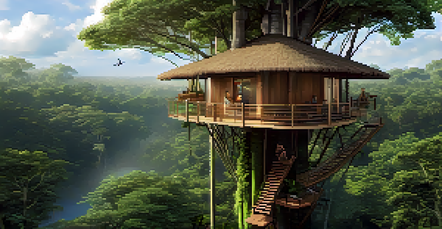 A treehouse retreat in the Amazon rainforest, offering views of the lush canopy and wildlife, highlighting sustainability.