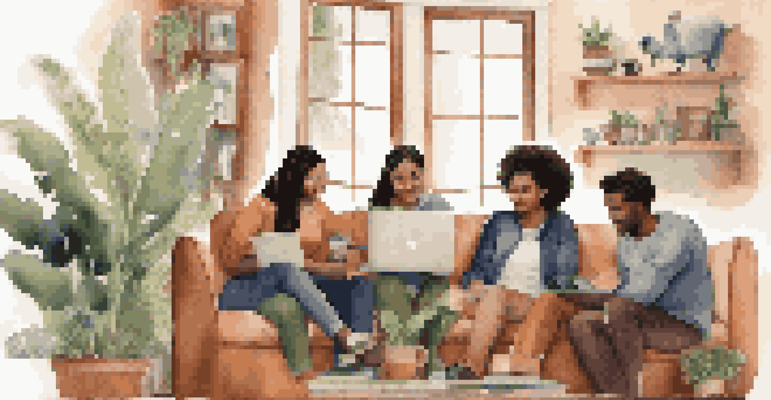 A group of young travelers in a cozy living room discussing travel insurance options while looking at a laptop, surrounded by plants and travel memorabilia.